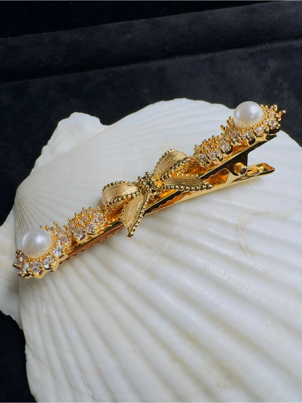 Gold Bow Pearl & Crystal Hair Clip - Women Accessories
